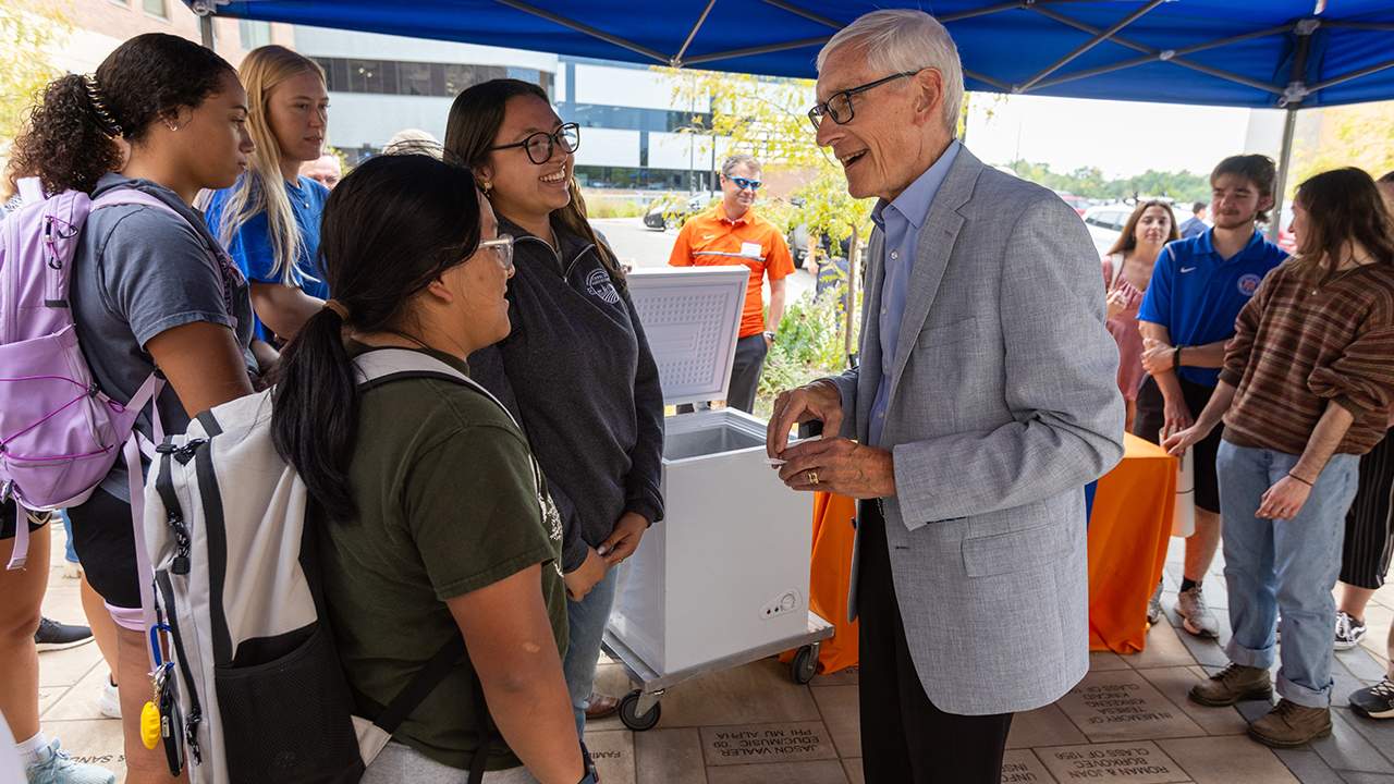 Governor Evers' tour wraps up with visits with students and Pioneer Sweets—UW-Platteville's student-run ice cream business.