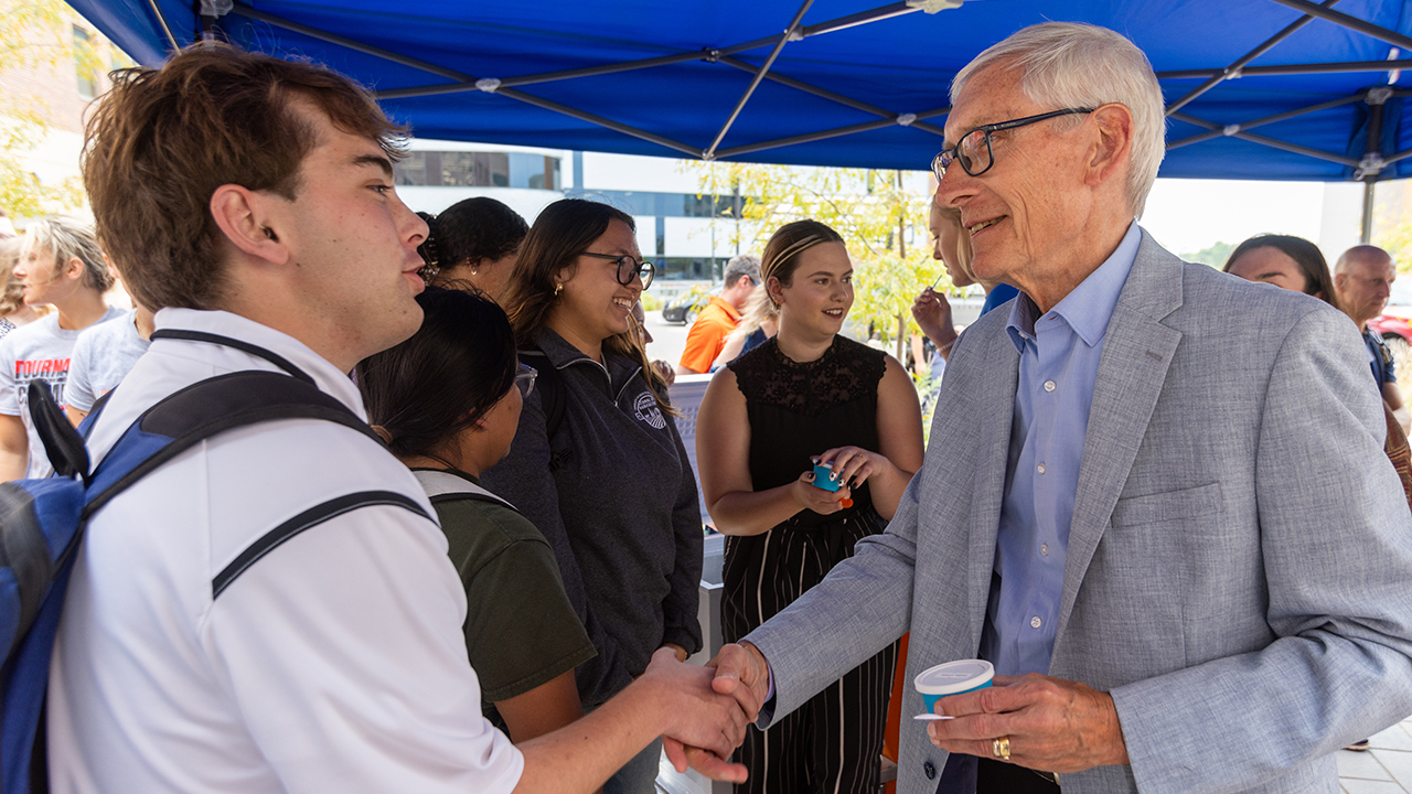 Governor Evers' tour wraps up with visits with students and Pioneer Sweets—UW-Platteville's student-run ice cream business.