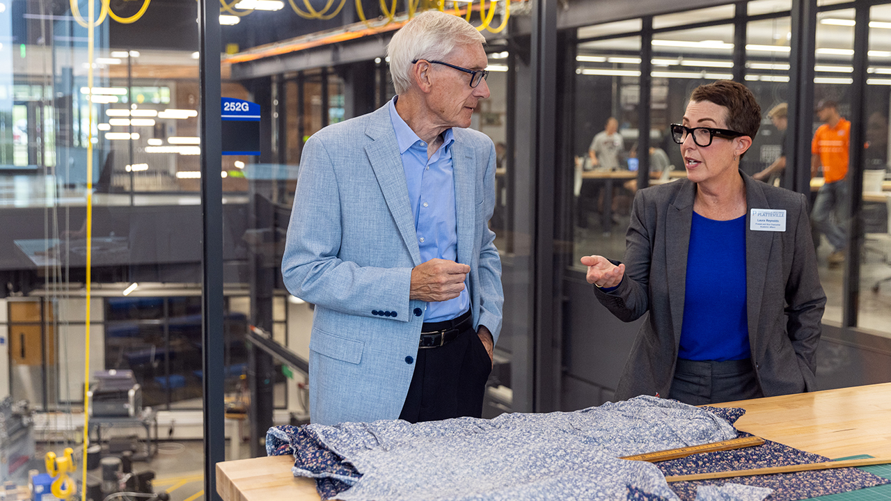 Governor Evers and Provost Reynolds in the Huff Family Innovation Center.