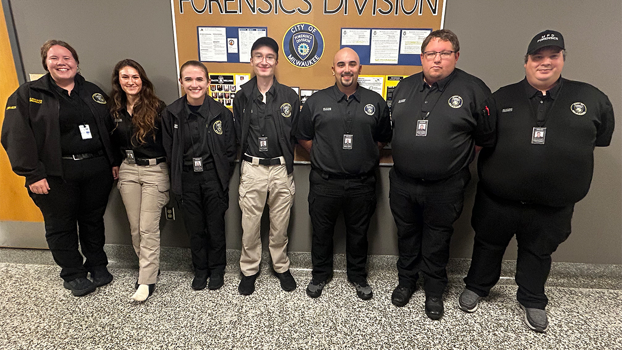 UW-Platteville graduates: Cassie Strandberg, Evelyn Marx, Whitney Miller, Dondi Stender, Devin Woida, Tyler Krueger and Jacob Brandt. “Each graduate brings their own unique skills, personality and approach to our team,” said Milwaukee Police Forensics Services Director Ryan Orlovsky. 