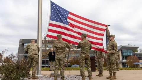 Raising of the American flag on the UW-Platteville campus.