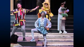 From left to right: Elijah Fuchs as Quince, Tim Gittings as Bottom, AJ McCord as Snug, and Ella Garrison as Starveling.