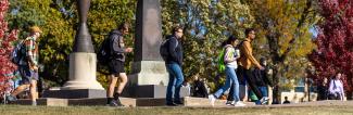 UW-Platteville walking across campus on sunny fall day